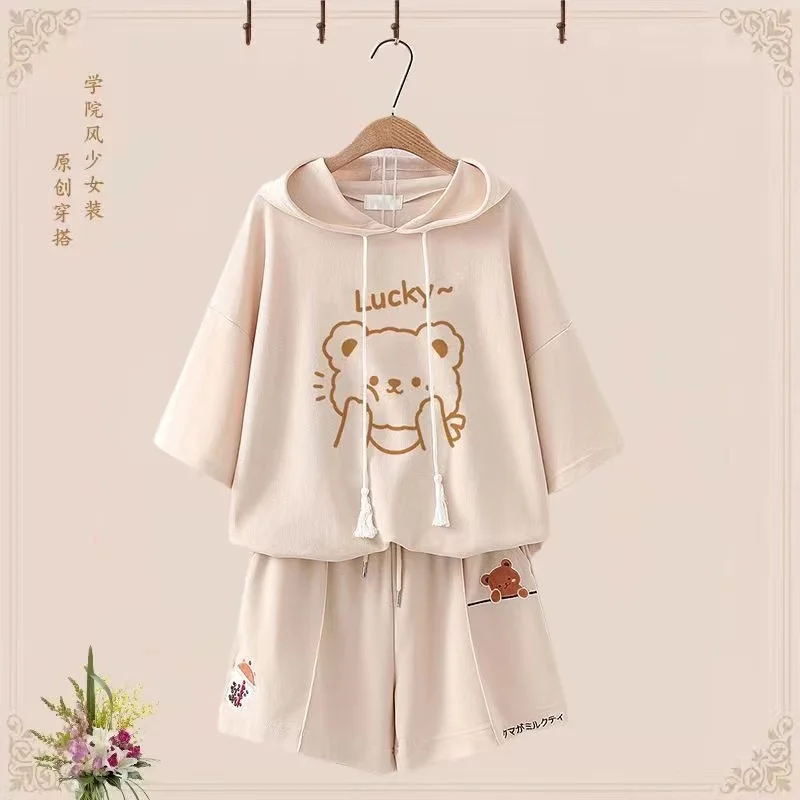 Sweet Lolita Student Summer Short Sleeved Sports Set Women New Cute Little Bear T-shirt Japanese Girls Top  Shorts 2-piece Set