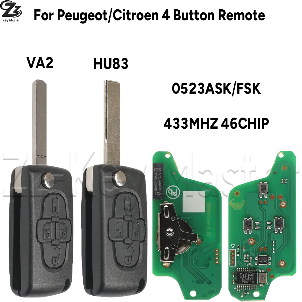 433MHz Zz CE 0523 ID46 PCF7961 ASK/FSK 4-Button Flip Remote Car Key for Peugeot Citroen 1007 C8 - Replacement Transponder Key