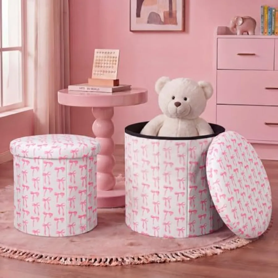 

2 Pcs Round Ottoman with Storage Set 15 Inch and 12 Inch Round Ottoman with Storage Vanity Feet Stool for Back to School Living