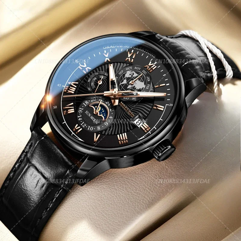 Versatile Watch For Men Trendy High end Light Quartz Watch Leather Strap Fake Three Eye Fashion Business Wristwatch