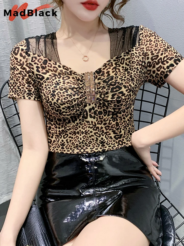 MadBlack Summer European Clothes Casual T-Shirt Sexy Chic Spliced Diamonds Women Tops Short Sleeve All Match 2022 Tees T24213X