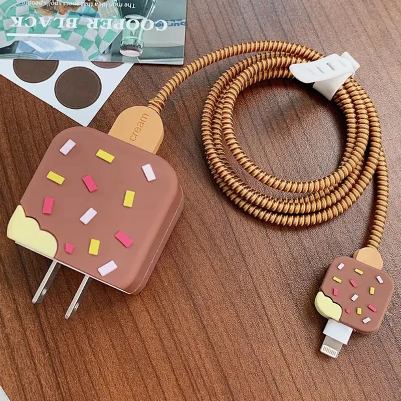 Brown Ice Cream Charger Protector Cover For IPhone 15 14 13 12 18W 20W Original Charger Cable Data Line Spiral Winder Protective