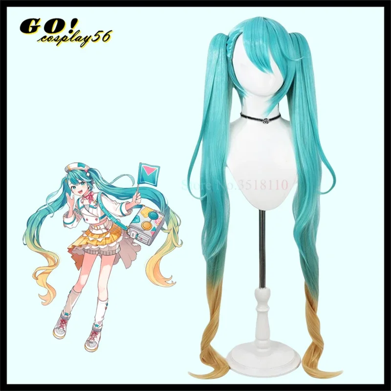 2024 Miku Magical Cosplay Wig 120cm Long Ponytails Golden Mixed Green Hair Straight Pigtails Virtual Idol Live Headwear