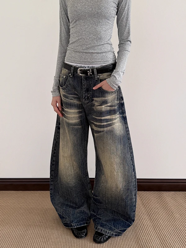 

Винтажные потертые джинсы American Sle, женские свободные прямые брюки с высокой талией, осенне-зимние повседневные брюки