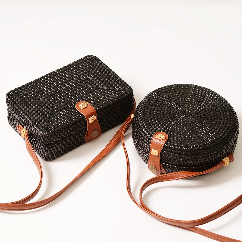 

Handmade Black Mini Woven Bag PU Belt Ins Style Rattan S Butterfly Bag Sen Series Retro Literary Storage Organizer Girls Bag