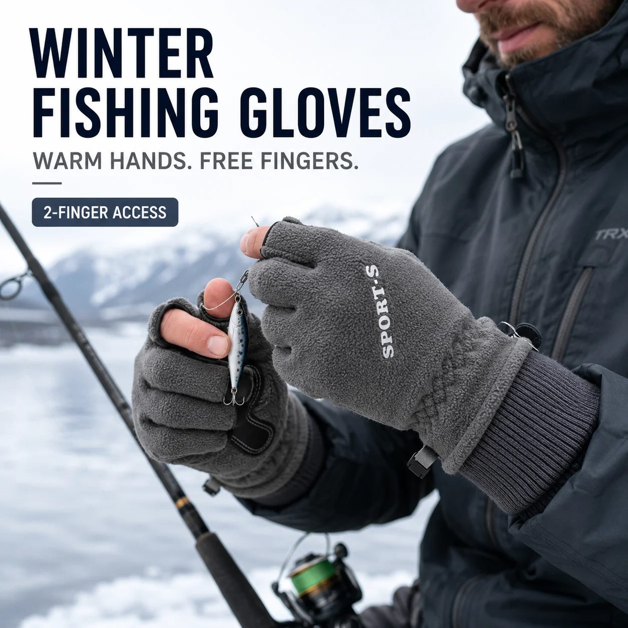 Winter Fishing Gloves 2-Finger Access Thermal Fleece Warm Outdoor Gloves for Fishing Photography Cycling Hiking Reinforced Palms