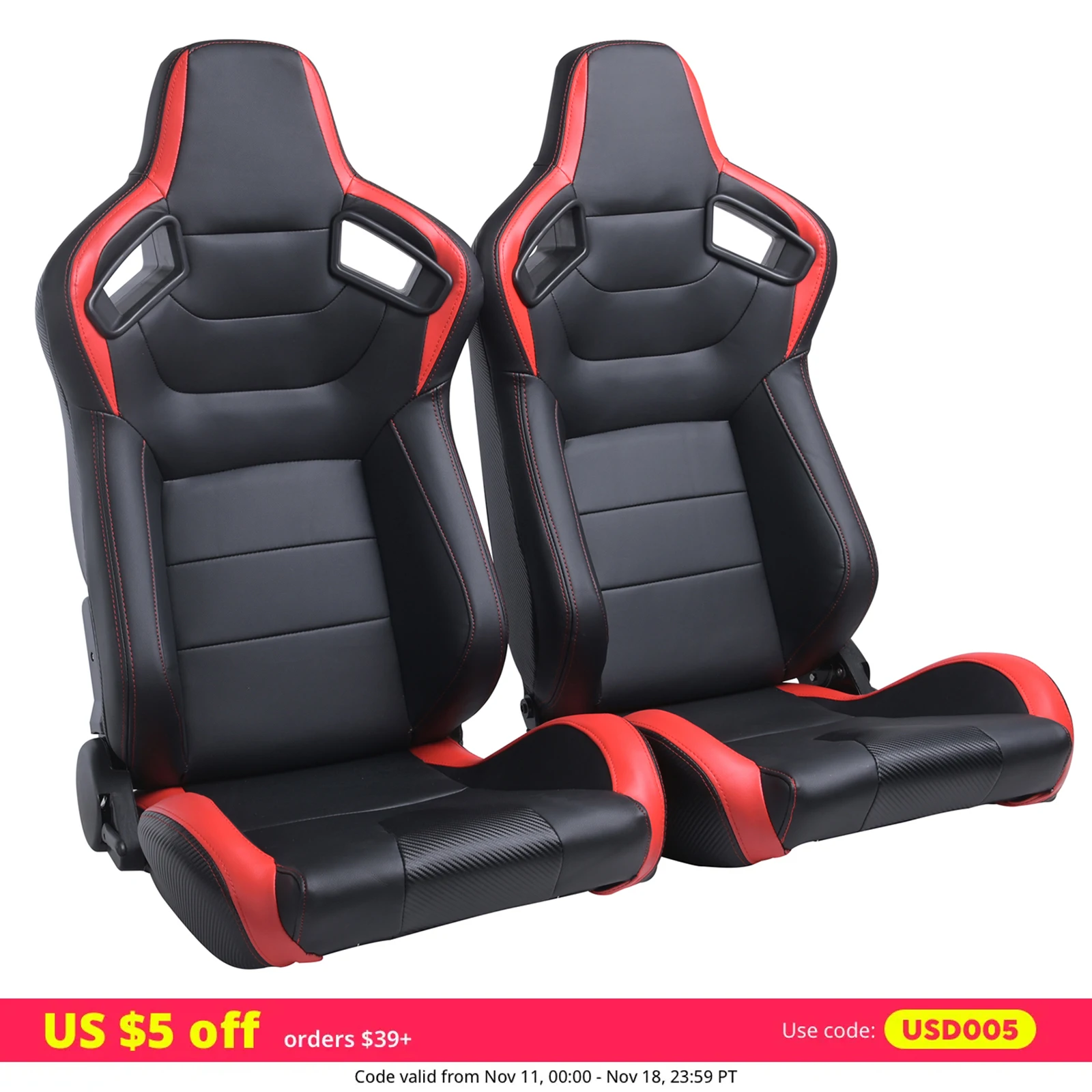 1Pair Universal Black PVC Leather Red Trim Stitch Carbon Look Leather Back Reclinable With Double Lock Slider Racing Bucket Seat