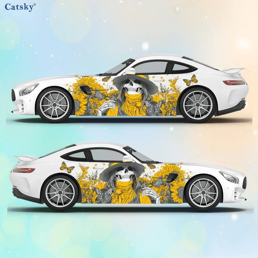 Skeleton in A Sunflower Field Car Side Car Wraps, Self-Adhesive PVC Waterproof & Scratch-Resistant Stickers, Car Accessory Gift