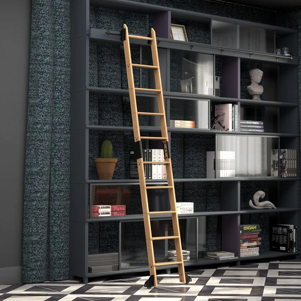 木製10フィート未組み立て図書館用はしごキット（8～10フィートの高さ用）、レッドオーク仕上げ、背の高い本棚に最適