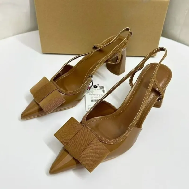 

Patent Leather Chunk Heels Women Banquet Dress Shoes Elegant Pointed Toe Bowknot Decoration Brand Female Slingback Pumps