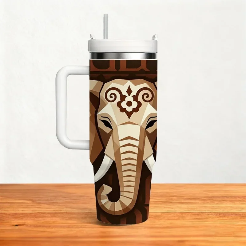 Stylish Low-Poly Geometric Elephant Head Print 40Oz Stainless Steel Insulated Tumbler, Warm Earth Tones Vintage Letter Background Digital Drink Cup, Ideal for Daily Use, Commuting And Outdoor Activities