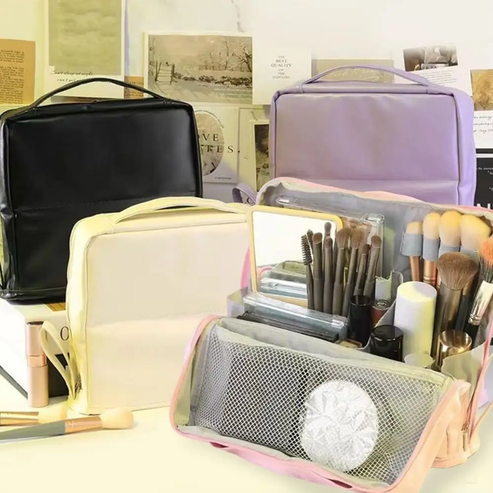 Portable Cosmetics Storage Bag PU Vertical Standing Pencil Case Standable Large Capacity Cosmetic Organizer Women