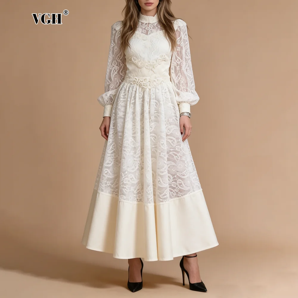 

Винтажное бежевое платье макси VGH с кружевными вставками и вышивкой для женщин, с высоким воротником, пышными рукавами, юбкой А-силуэта и бретельками, для свадебных торжеств