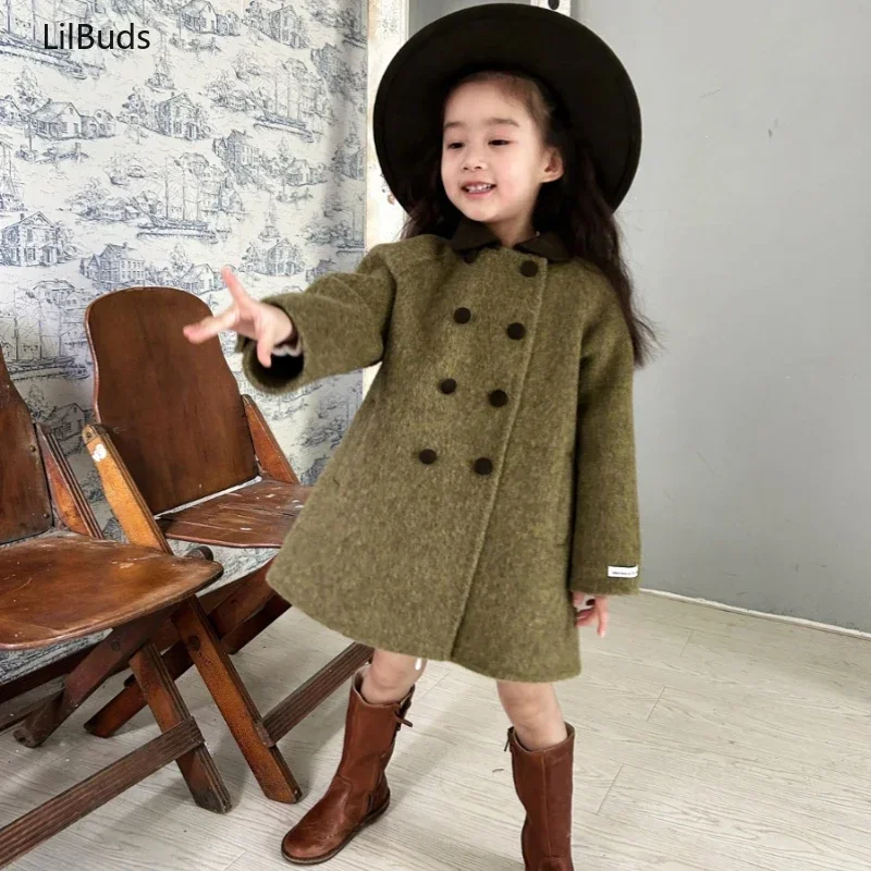 2024 Kids Vintage Alpaca Wool Handmade Double-Sided Cashmere Coat Outerwear Children's Girls Seaweed Green Color Split Clothes