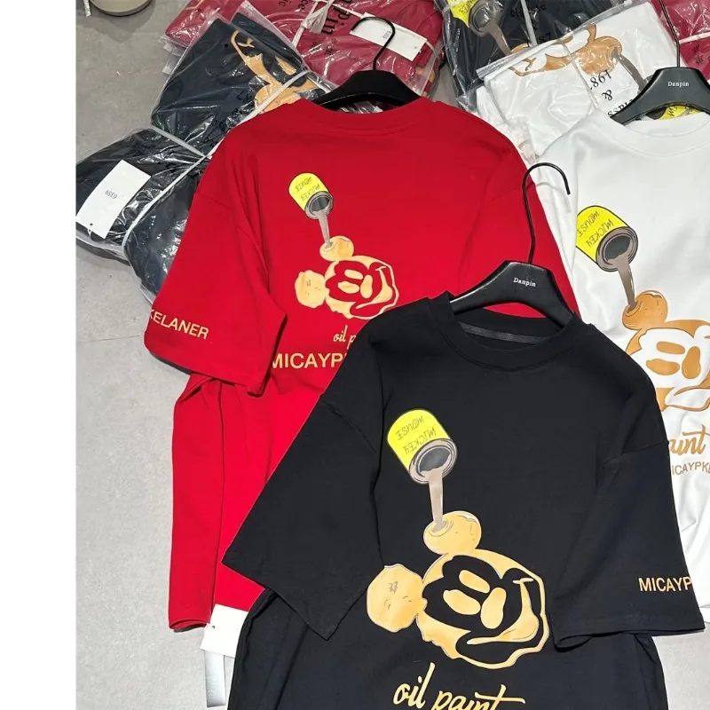 

Large Size European Pure Cotton Tshirt Short Sleeved Women Summer Pullover Round Neck Cartoon Mickey Print Versatile Loose Tops