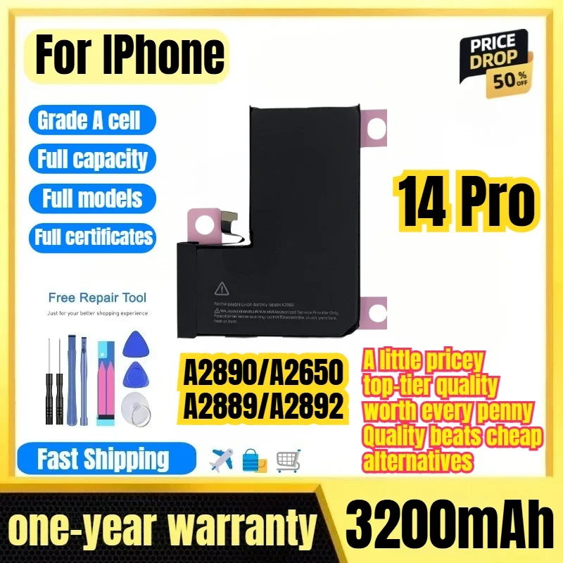 A2890/A2650/A2889/A2892 for IPhone 14Pro Phone Battery 0Cycle High Capacity Battery  Replacement Bateria Grade A Cell with Tools