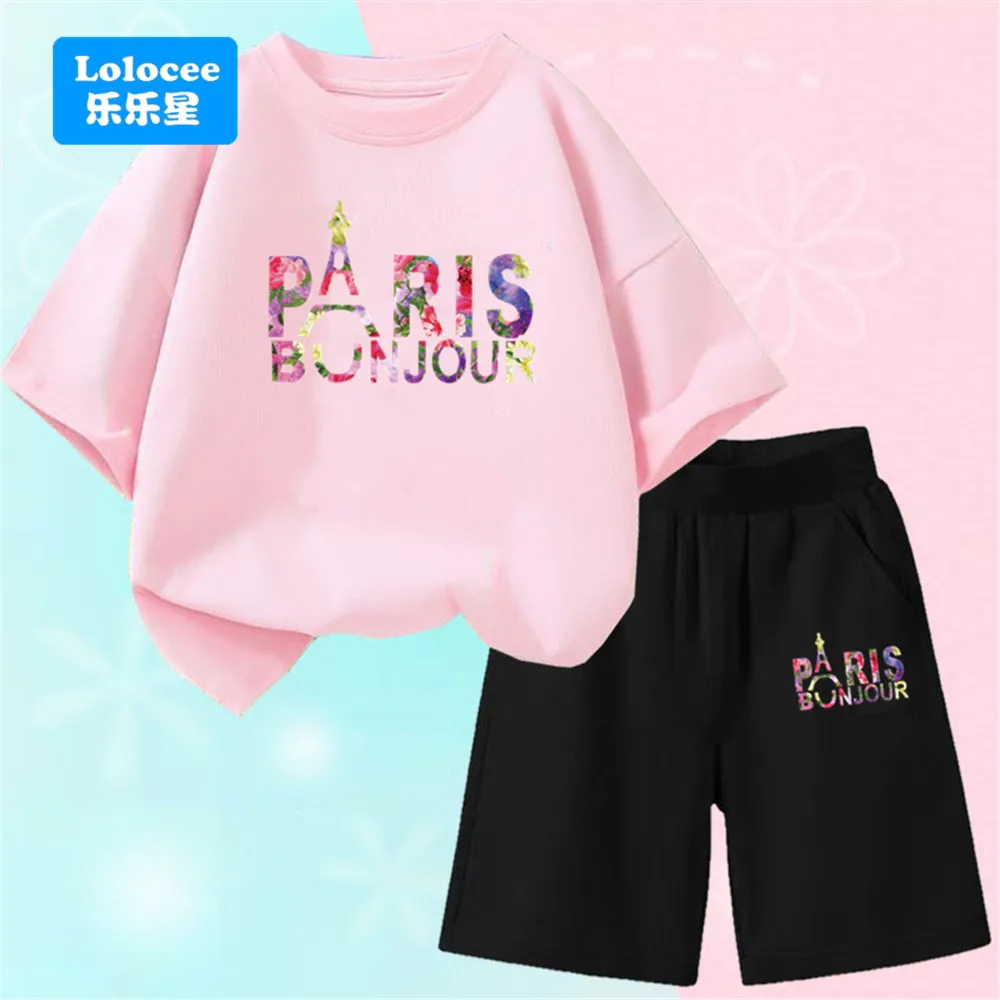 

Летний модный комплект из 2 предметов для девочек, новая футболка с короткими рукавами и цветочным принтом Paris Tower и серые/розовые шорты, модная детская одежда