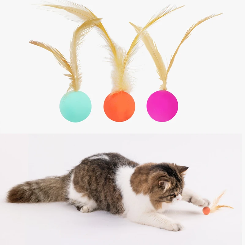 Pet Elastic Ball With Feather Cat Toy Interactive Kitten Cat Teaser Ball High Rebound Cat Nibble Toy Ball Pet Supplies