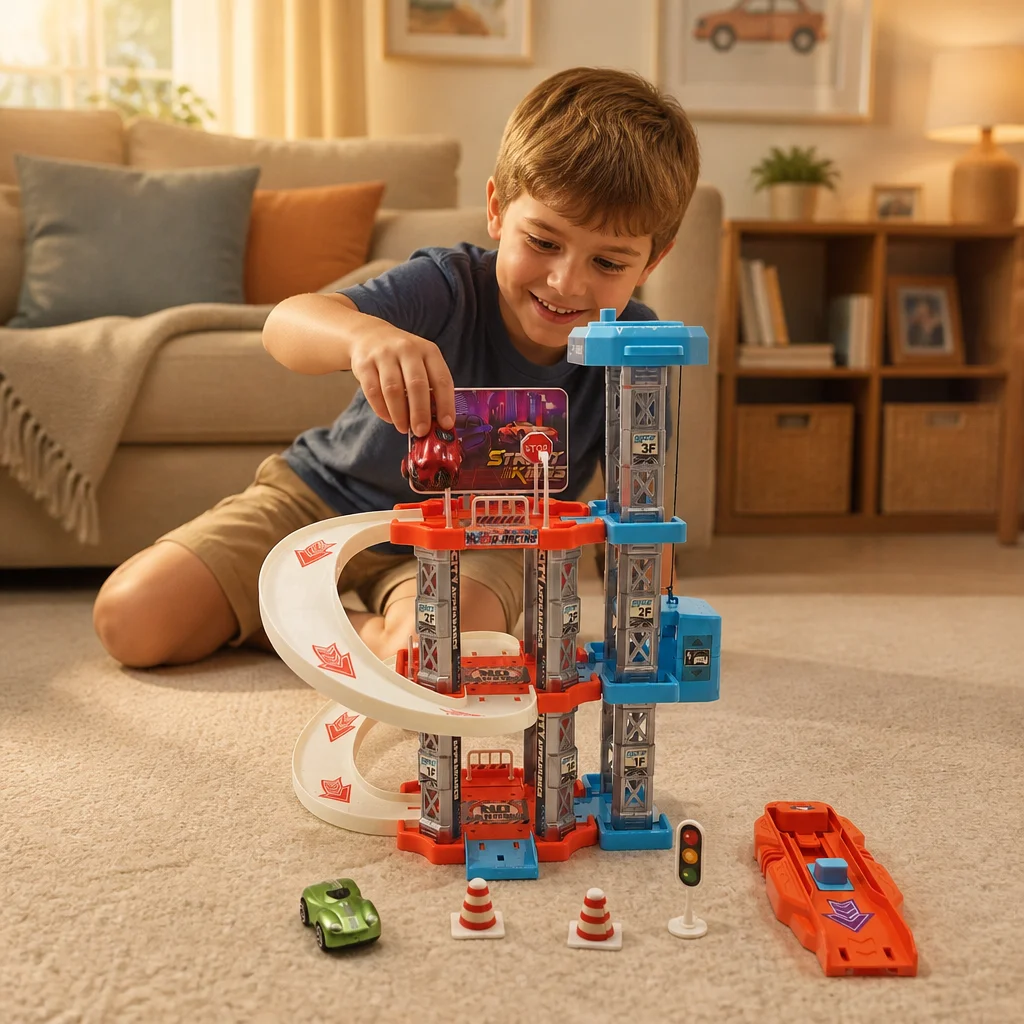 Boy's three-layer manual lift parking lot toy set, children's rail car toy, suitable for birthday gifts (random color)