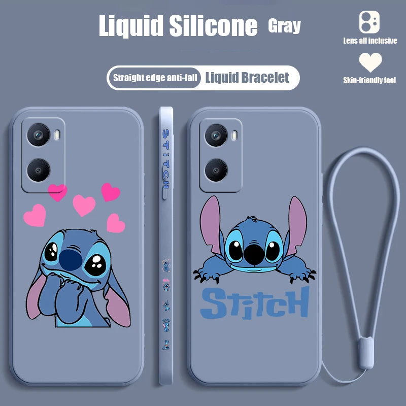 Stitch Cute Disney For OPPO A98 A96 A94 A93 A77S A76 A74 A73 A72 A57E S A56S Liquid Left Rope Silicone Phone Case