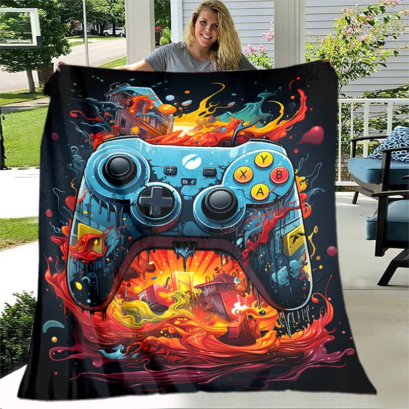 

1pc Cozy Blue Flame Game Handle Print Blanket Lightweight Flannel Throw For Sofa, Bed Travel Camping Office Couch Chair And Bed