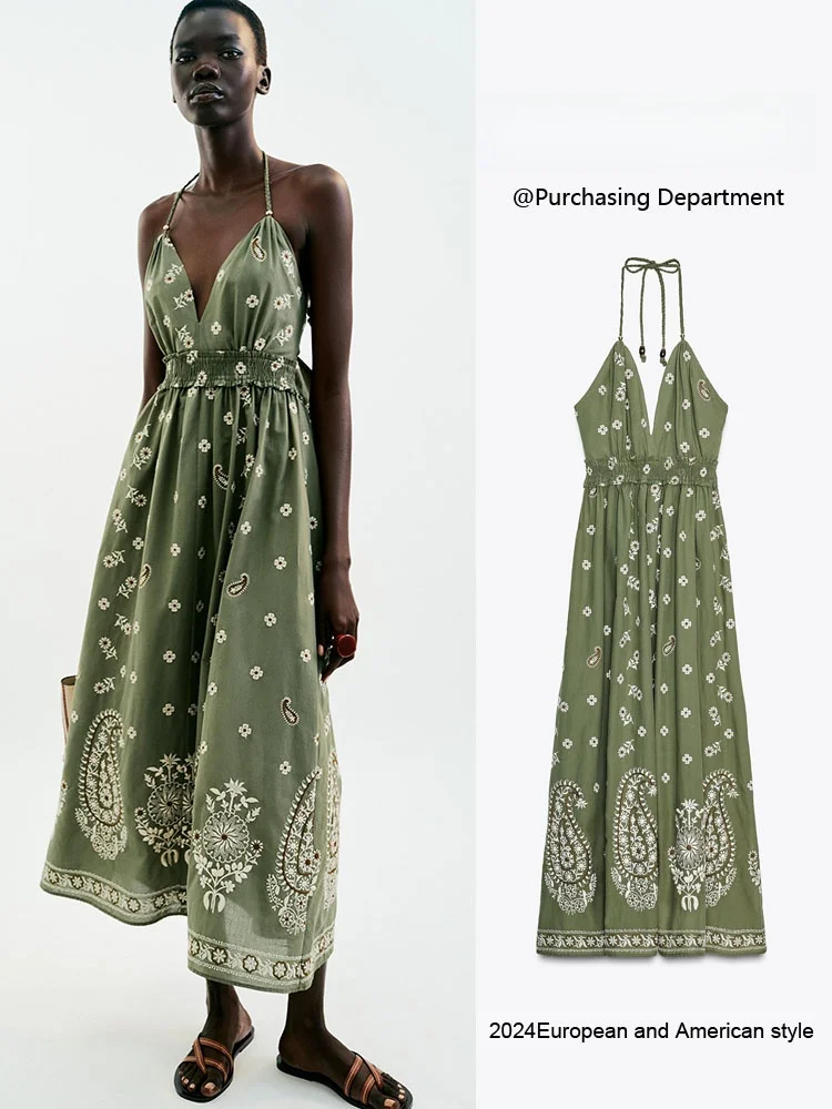 おしゃれな刺繍プリントミディ丈ワンピース　新作夏物レディース服　ハイウエストロングスカート　パーティー用　ノースリーブ　その他　00%