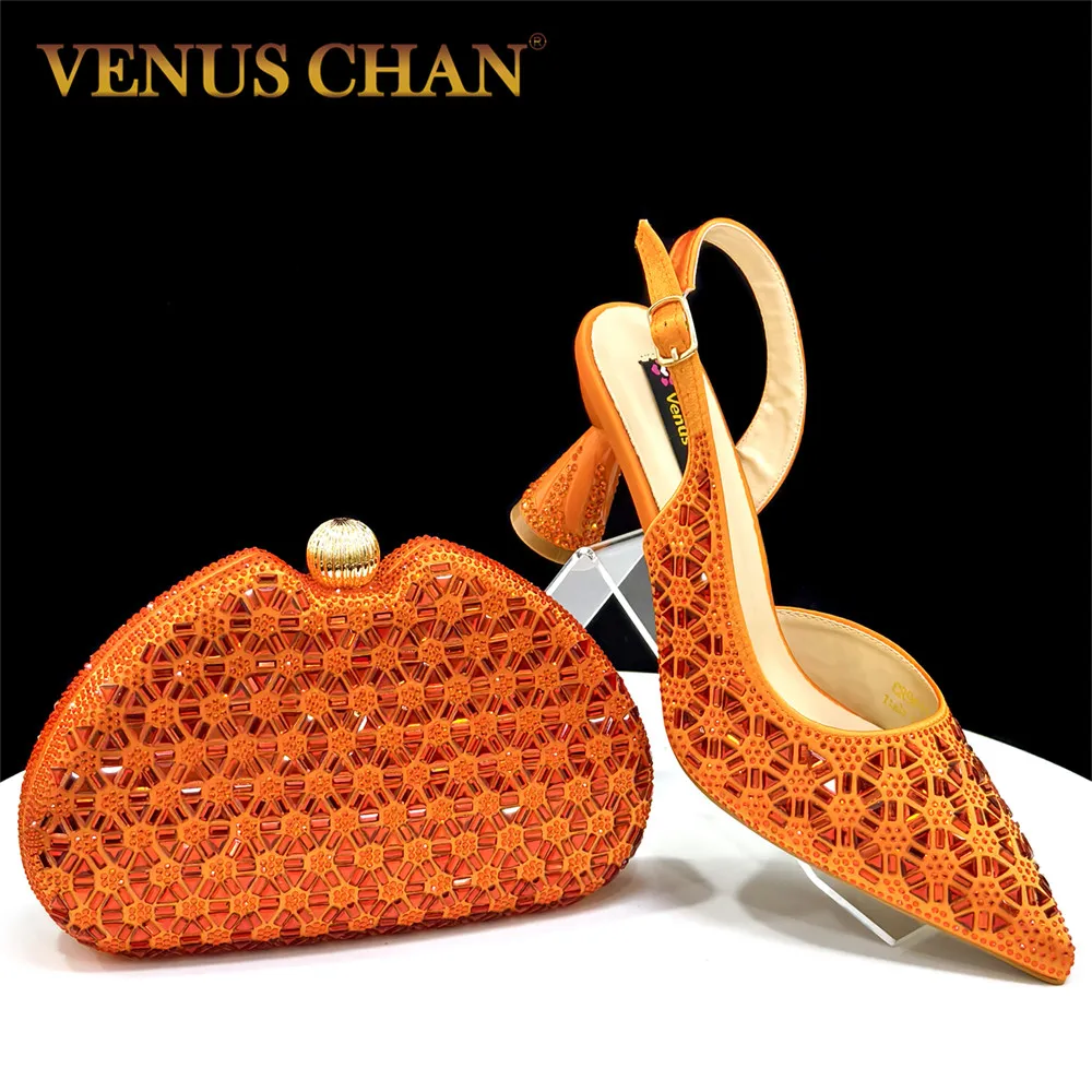 

Venus Chan Elegant Orange-Colored Italian Design Women's Shoes and Bag Set with Butterfly Decoration for Weddings and Partiesn