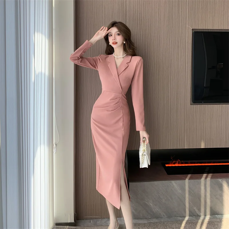 New Elegant Autumn Winter Purple Office Ladies Midi Dress French Women Notched Collar Long Sleeve Bodycon Slim Split Clothes