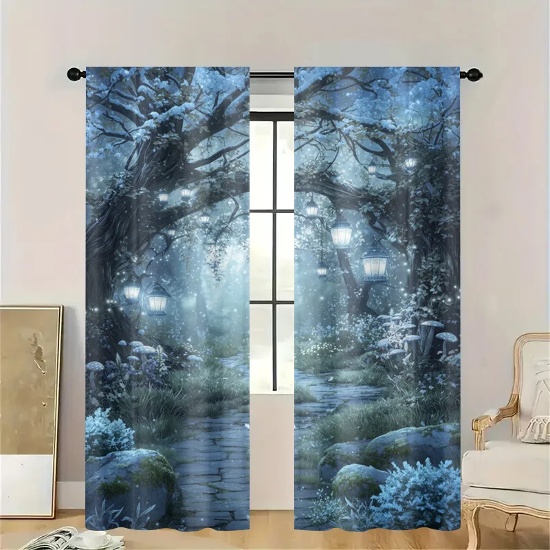 Scenic Woodland Forest Pathway Curtain Drapes Translucent Mist Garden Window Decor Fairy Tale Nature Art Light Filtering Curtain