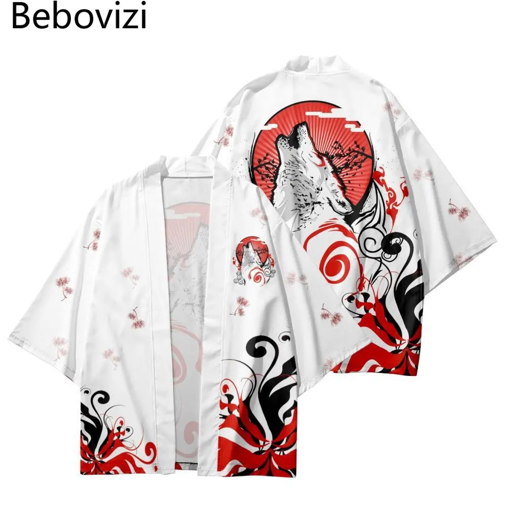 Women Men Cosplay Haori Japanese Fashion Anime Wolf Print Samurai Kimono Casual Beach Cardigan White Yukata Asian Clothing