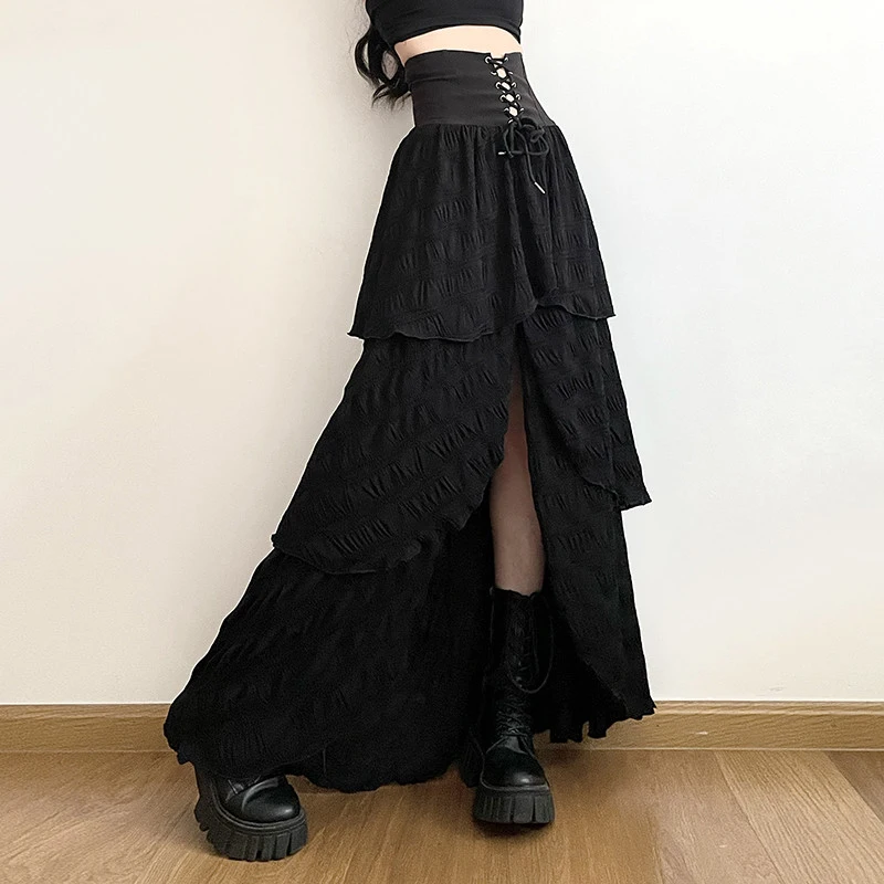 MEXZT Y2K Black Split Long Skirt Women Harajuku Gothic Bandage Irregular Maxi Skirts Summer Vintage Grunge Design A Line Faldas