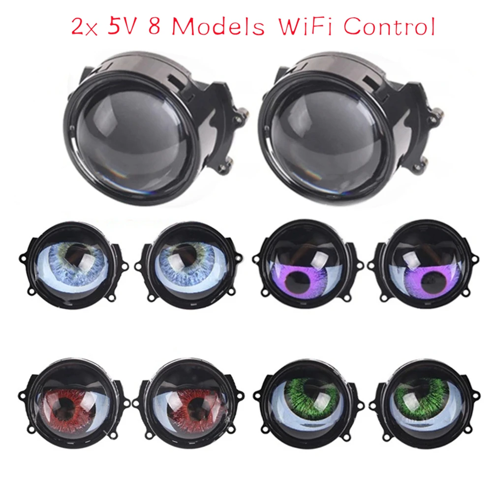 2x 5V LED Red/Ice Blue/Green/Purple Devil Demon Eye Evil Eye Light Lens Car WiFi Control Headlight Car Decoration Light Lamp