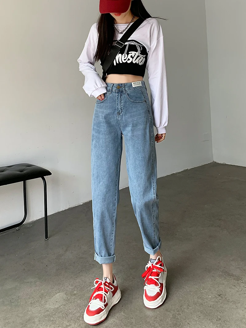 

Vintage Wash Button Denim Jeans High Waist Loose Wide Leg Drop Straight Pants Women's Trend Long Pants Harem 2024 New G176