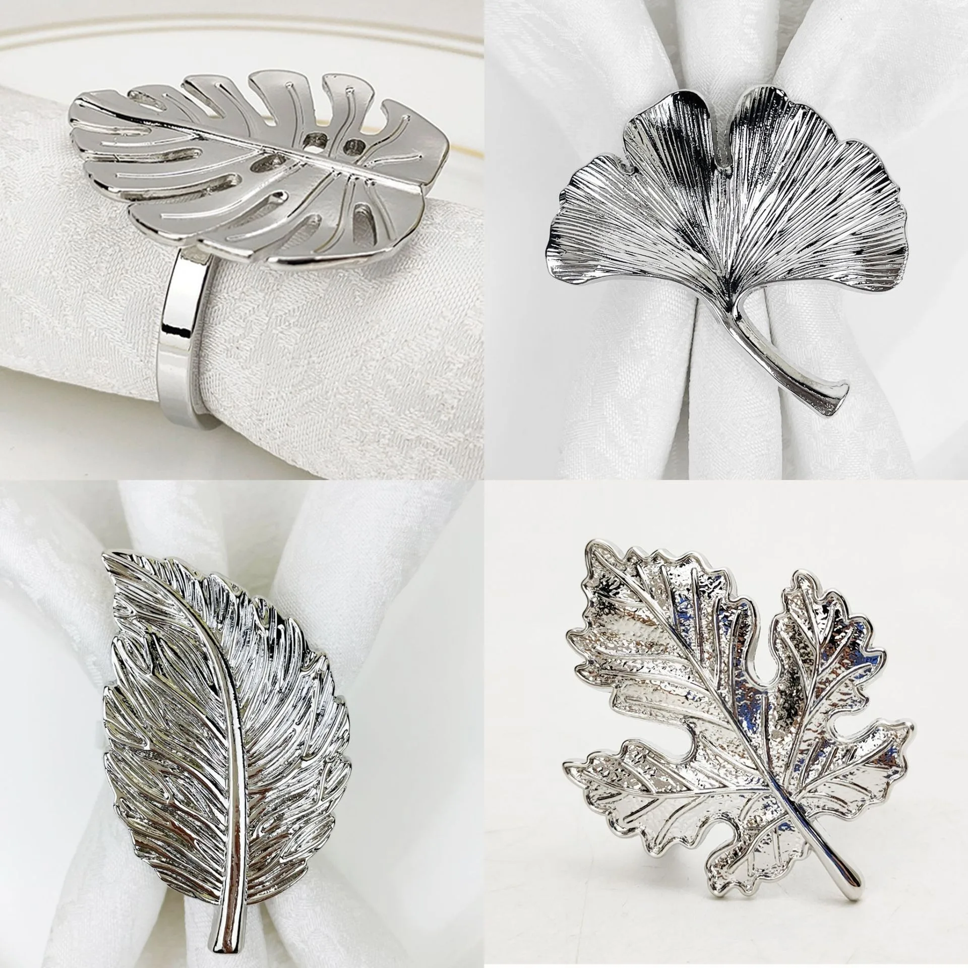 4pcs Fall Foliage Napkin Rings – Maple Ginkgo Monstera Leaf Serviette Holders for Autumn Harvest Banquet & Table Decor