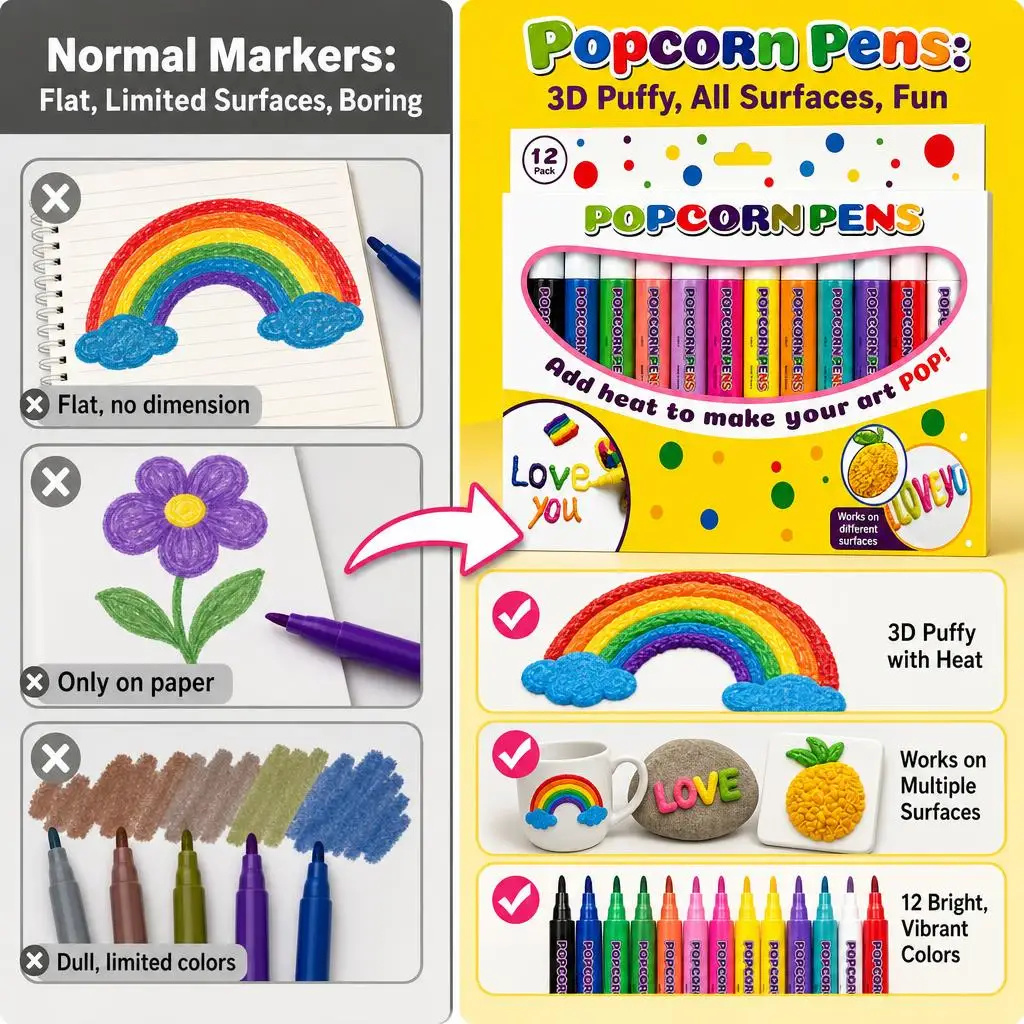 12 Colors Magic Popcorn Pen 3D Puffy Paint Markers Heat Activated DIY Drawing Pens Creative Journaling Art Marker Greeting card