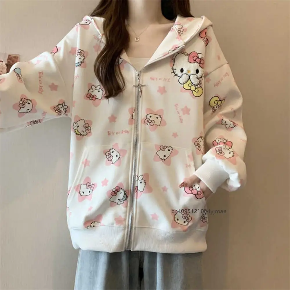 Hello Kitty Women's Flocked Embroided Coat Anime Cartoon New Spring Korean Version Loose Hooded Zipper White Sweatshirt Clothing