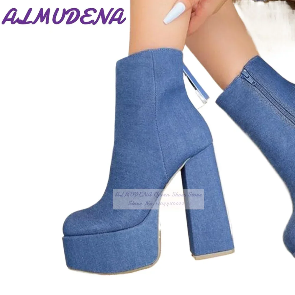 ALMUDENA Stivaletti con tacco largo in denim blu Jeans con plateau alto Stivaletti corti con cerniera Scarpe eleganti con tacco grosso irregolare Dropship