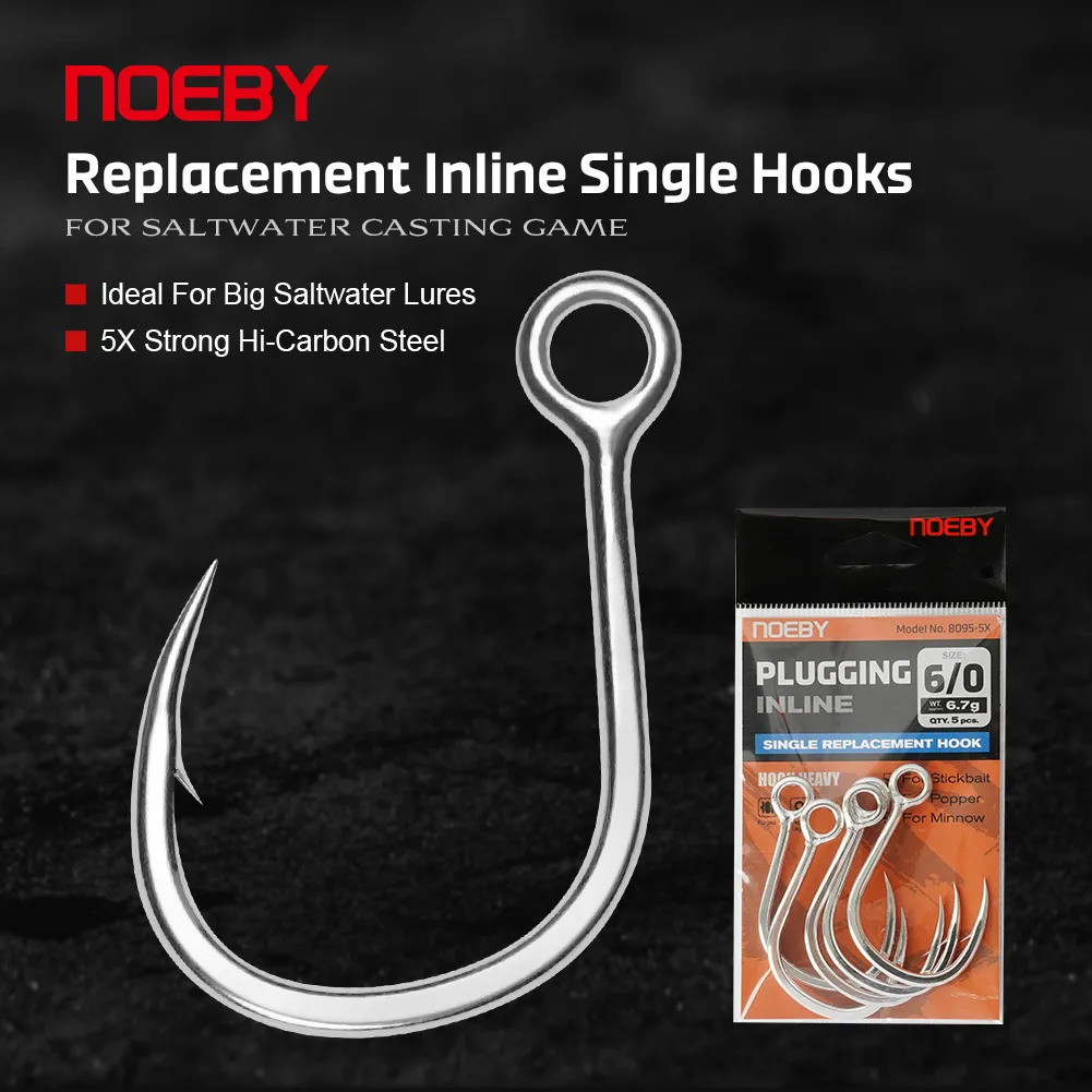 Noeby 5X Strong Hi-Carbon Steel Inline Single Hooks Big Game Saltwater Lure Casting Heavy Duty Poppers Fishing Tackle Hooks