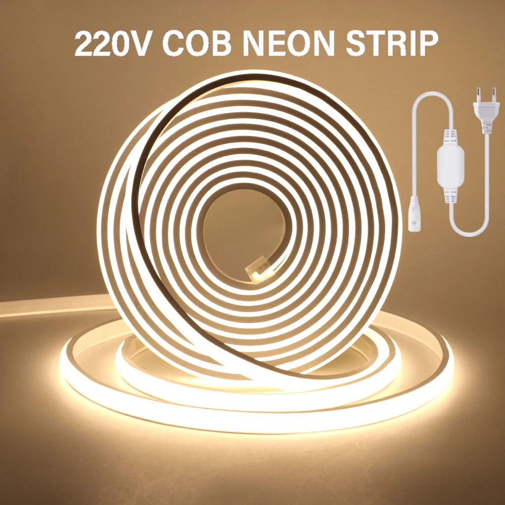 COB LED Lights Strip Waterproof 220V 288 LEDs/M Neon LED Strip Flexible Ribbon Tape for Kitchen Outdoor Garden Bedroom Lighting