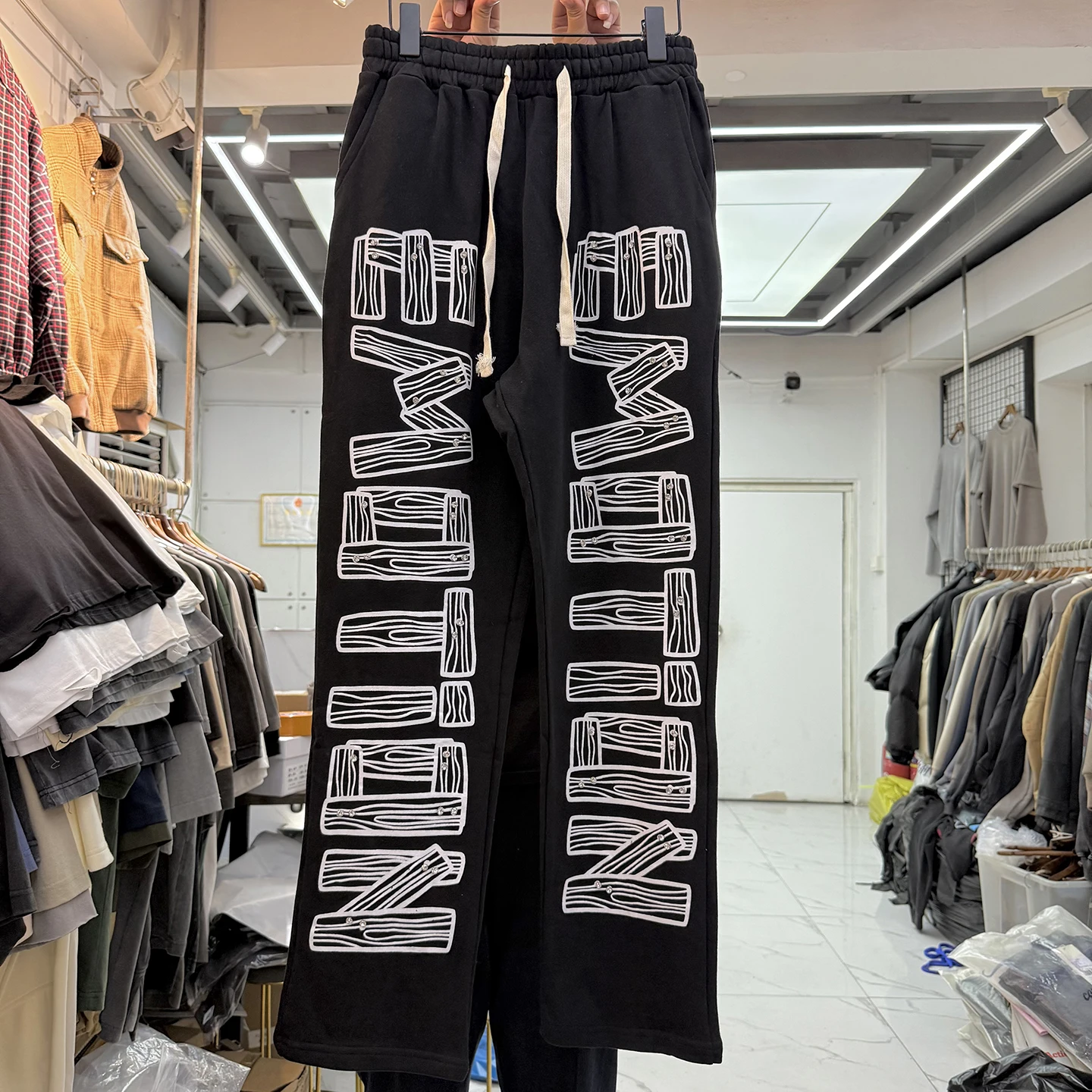 

High Street fiti Line Letter Print Rhinestone Straight Leg Pants ex Loose Casual Dstring Long Trousers