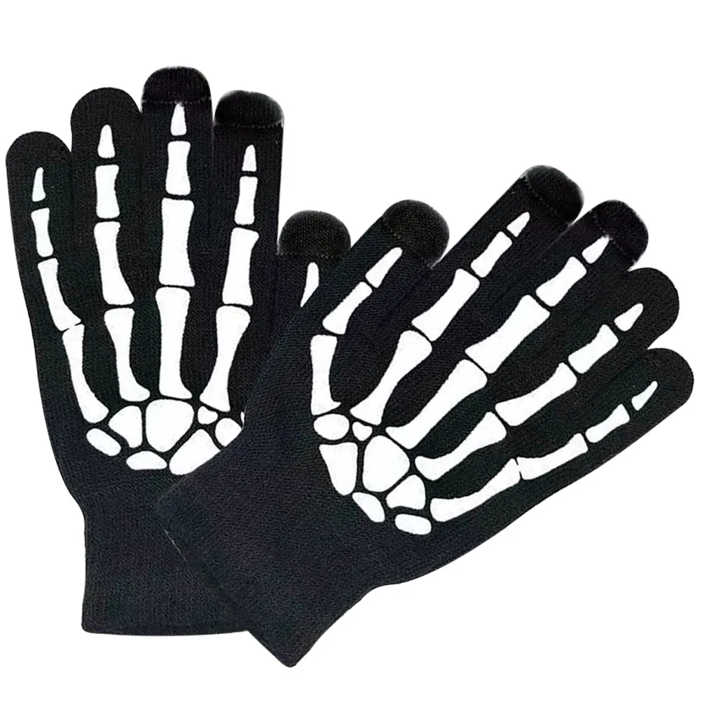 Fluorescent Gloves Halloween Skull Bone Pattern Thermal Fluorescence Winter Acrylic Stylish Miss