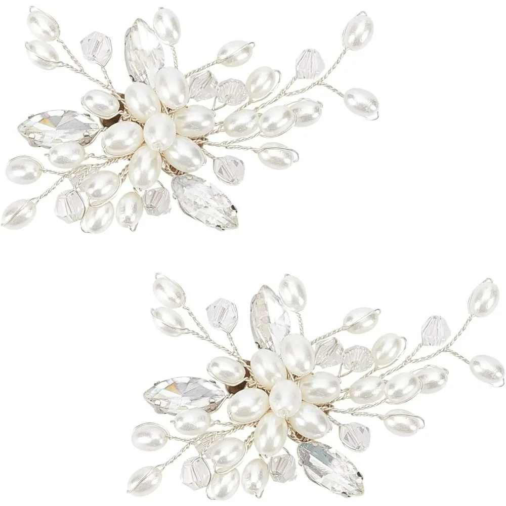 2Pcs Crystal Simulated Pearl Shoe Clips (3x2 Inch White) DIY Bridal Floral Shoe Buckle Rhinestone Metal Shoe Decoration