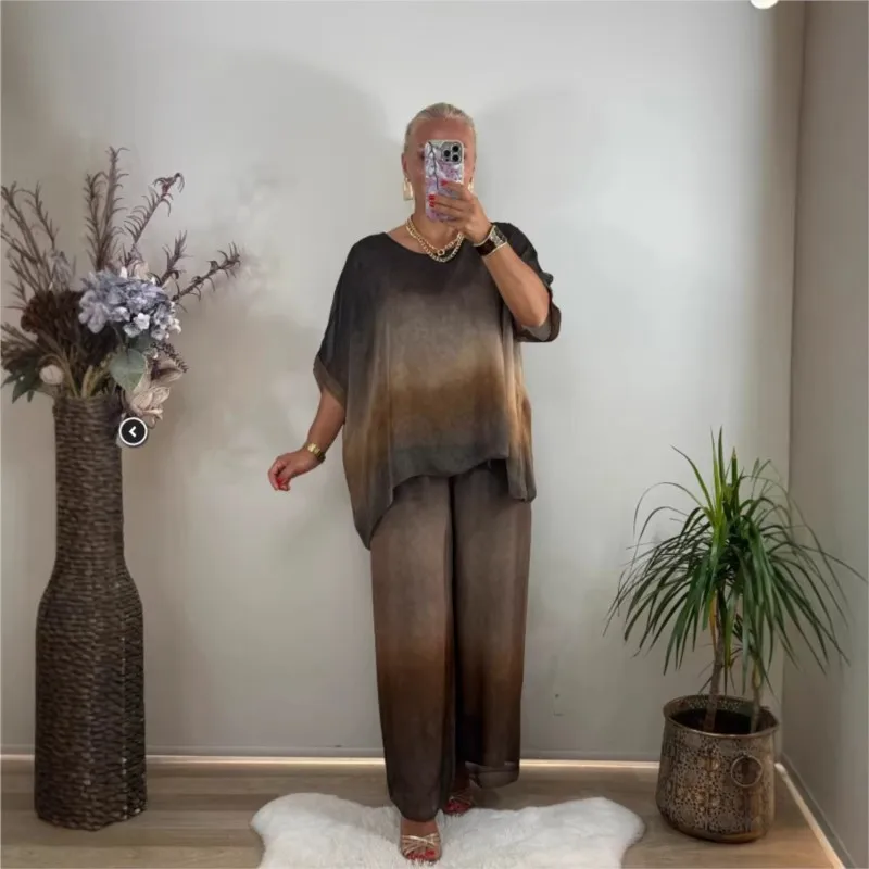 Lässiges Zweiteiler-Set für Damen: Batik-Bedrucktes Oversize-Oberteil mit Rundhalsausschnitt + Weite Hose, Neues Modisches Zweiteiler-Set