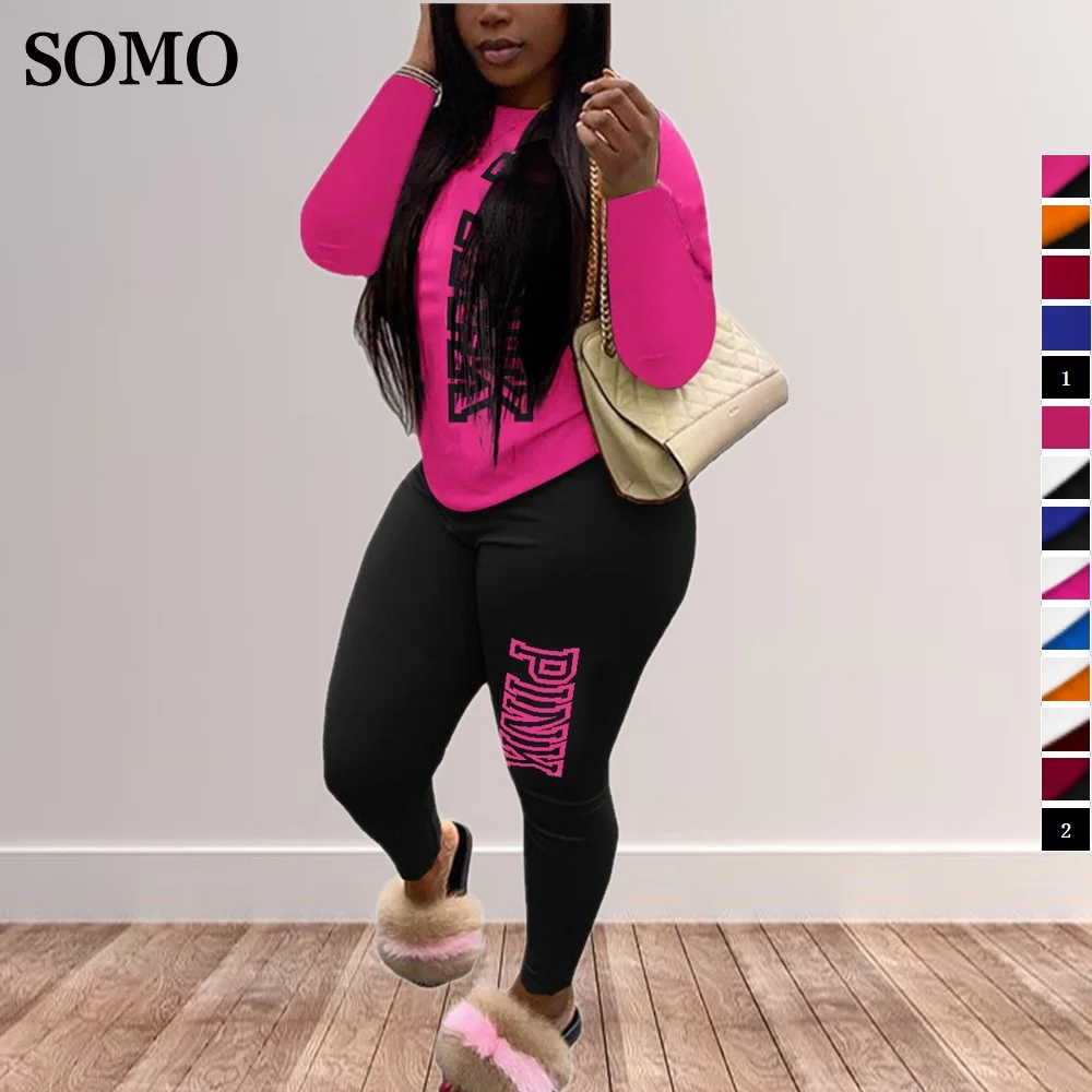 

SOMO 2022 Fashion Women Pink Letter Print Plus Size Tracksuit Long Sleeve Tee Sports Pants Two Piece Sets Wholesale Dropshipping