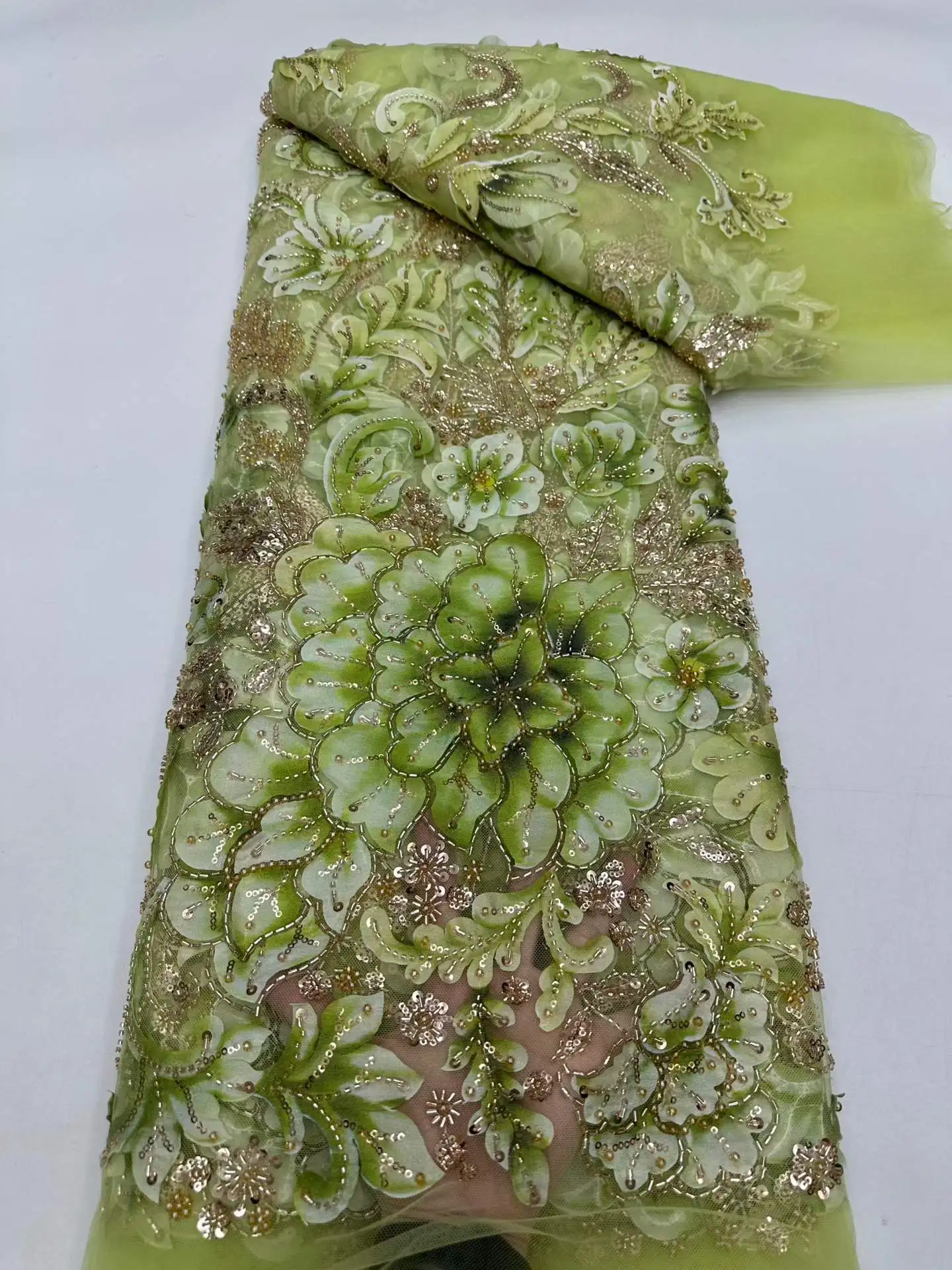 2027 Elegant Wedding Dress Fabric - Latest High Quality Luxurious Soft Mesh Chiffon Lace with Stones Fabric NN2896_R