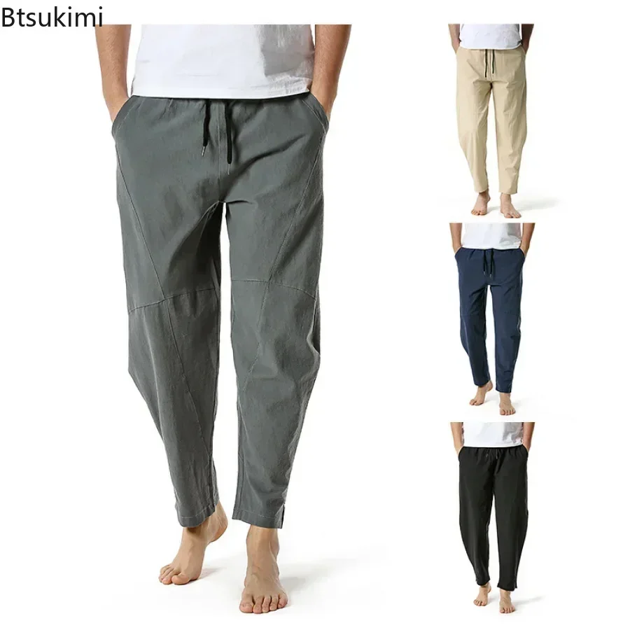 

New 2025 Men's Breathable Cotton Linen Casual Trousers Fashion Loose Elastic Waist Drawstring Sport Pants Men Joggers Yoga Pants