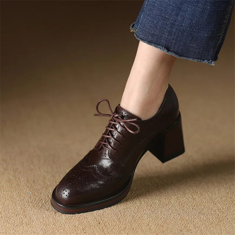 New Spring Genuine Leather Women Shoes Round Toe Women Pumps Brogue Designs Shoes for Women High Heel Lace Loafers Ladies Shoes