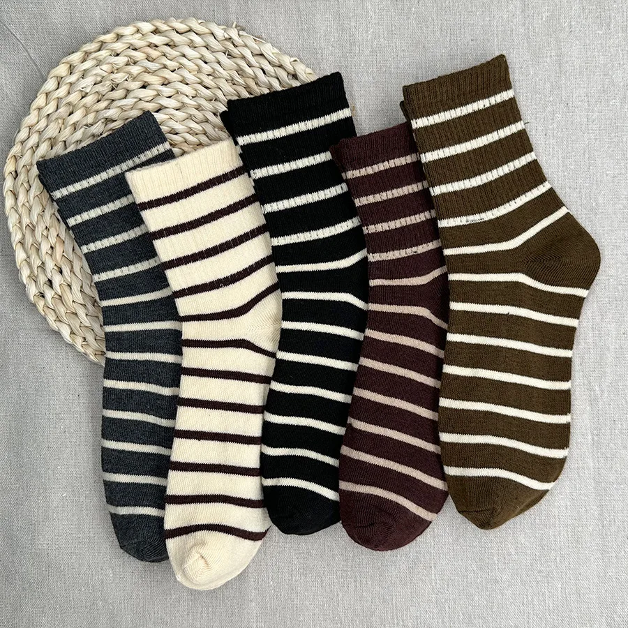 5 Pairs Of Mixed Color Striped women Socks, Comfort Non-slip Mid-tube Socks, Classic Casual Crew Socks For Daily Wear