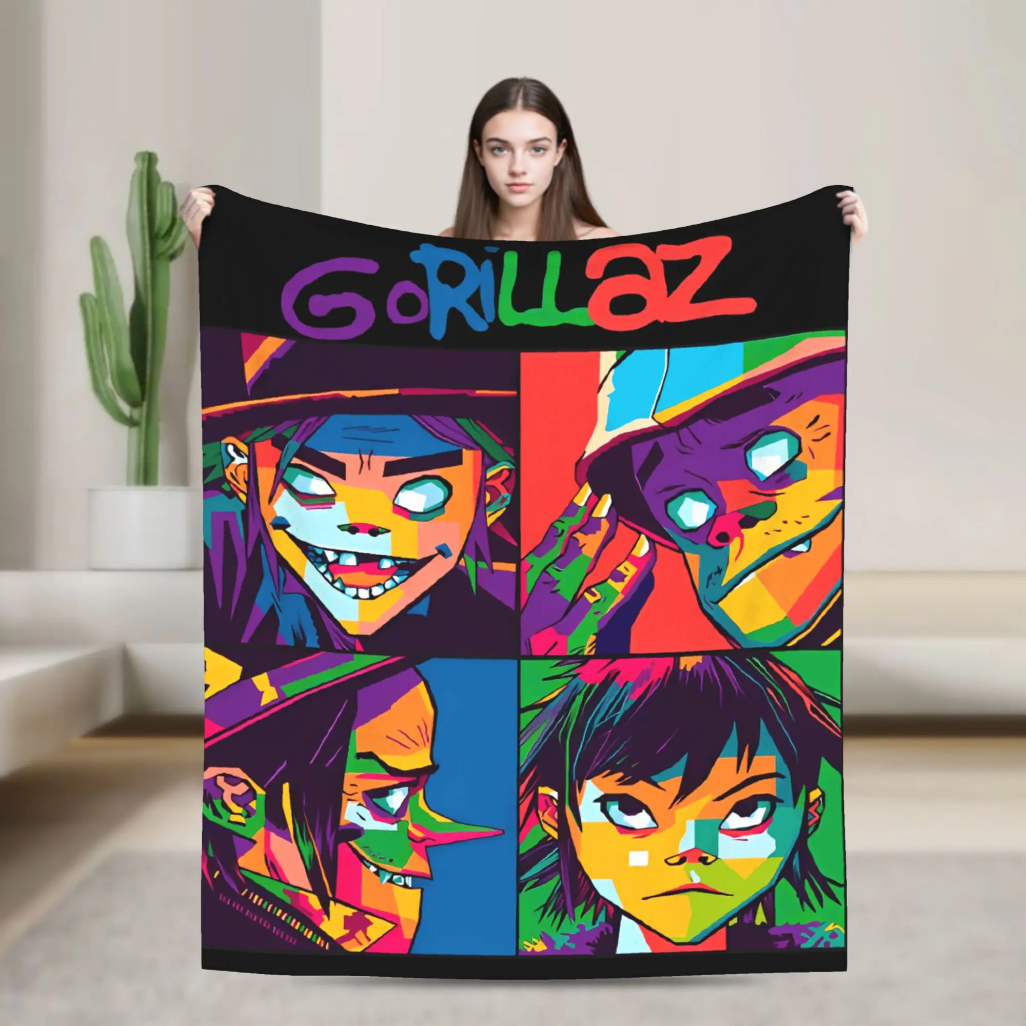 Warm Blanket Travel Music Band Gorillaz Throw Blanket  Flannel Bedspread For Couch Chair Sofa Bed Funny Sofa Bed Cover