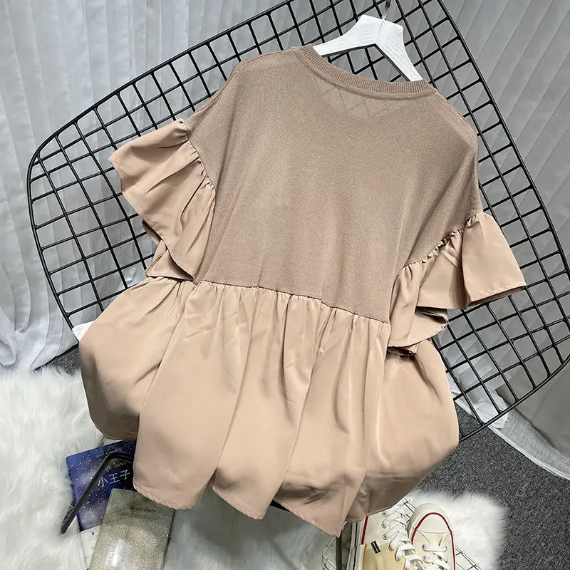 Nomikuma Chiffon Patchwork Knitted Tops Blusas Femme 2023 Summer Thin Flare Sleeve Blouse Causal O-neck Pullover Doll Shirt